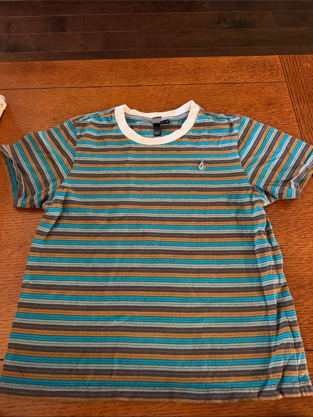 Volcom womens Striped Tee in Teal, Brown, Gray with White Collar